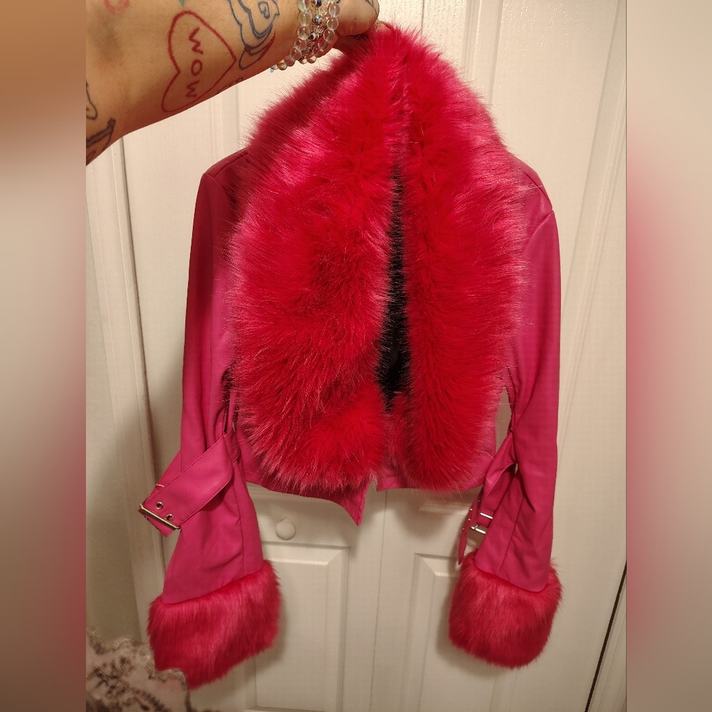 Hot Pink Current Mood Dolls Kill faux fur leather jacket